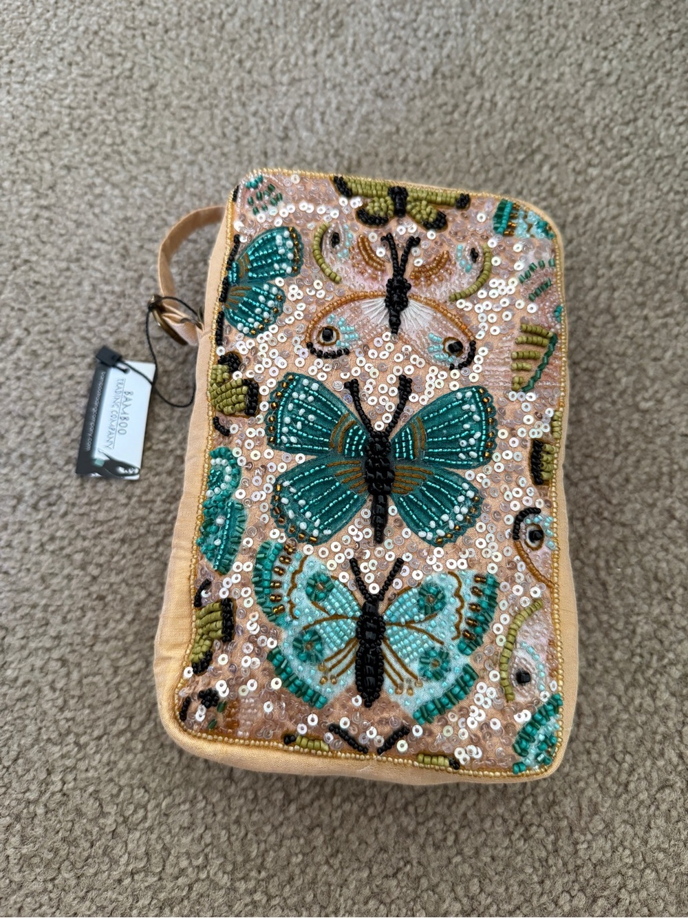 NWT Bamboo Trading Beaded Butterfly Wristlet in Teal and Gold
